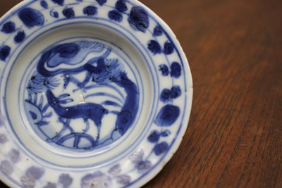 嘉万藩王青花松鹿盘 底款：大明宣德年制